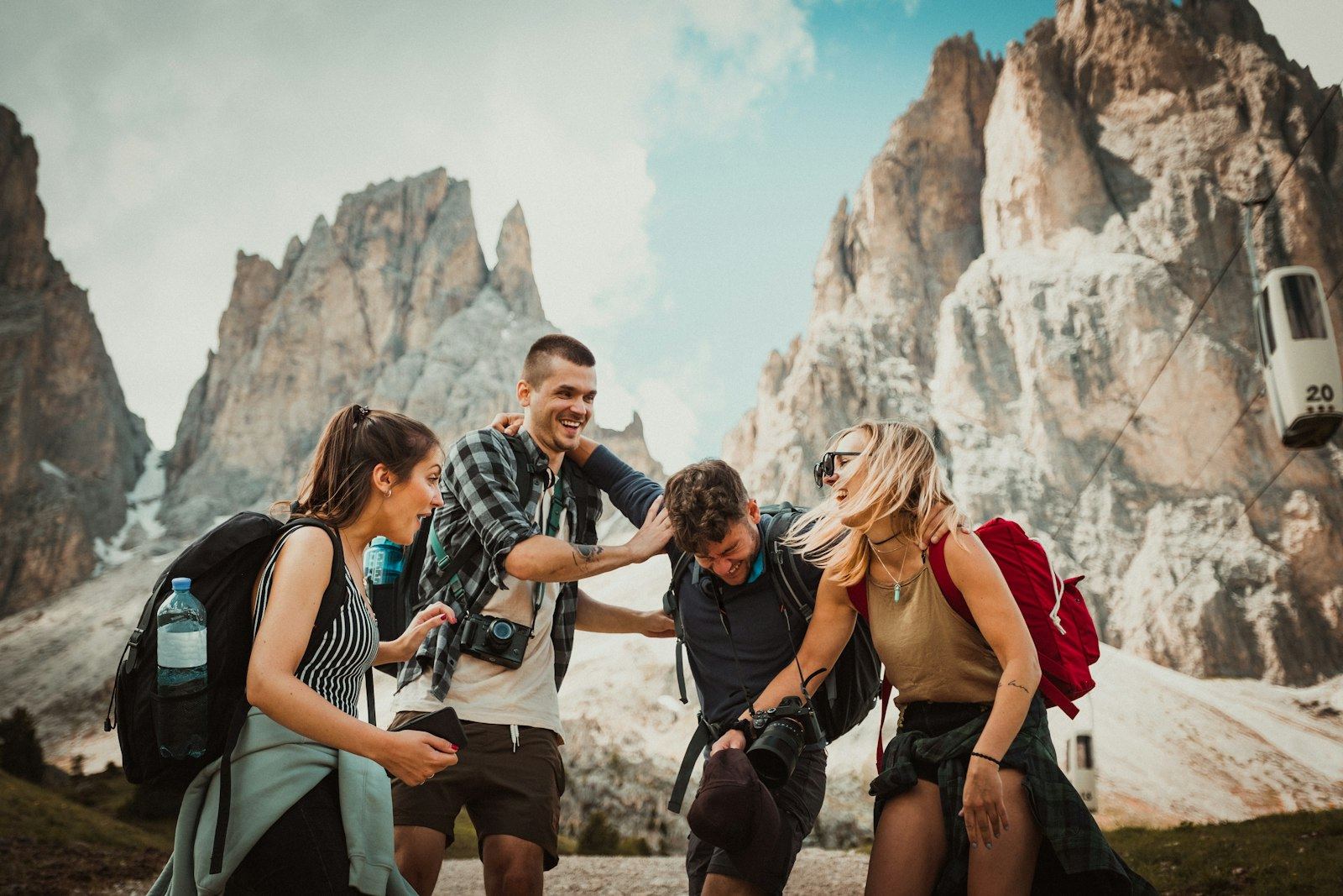 A small group of travellers together outdoors